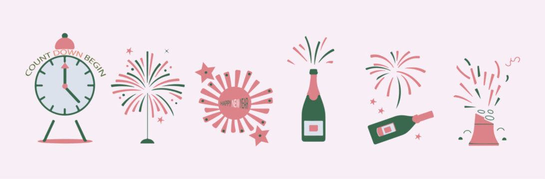 Set of New Year theme elements. New Year party vector collection. icon set of New Year's Eve celebration symbols featuring a clock, fireworks, and champagne for holiday party,  vector illustration.