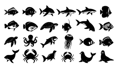 Fototapeta premium Ocean Animal Silhouette Set Marine Life Vector Collection