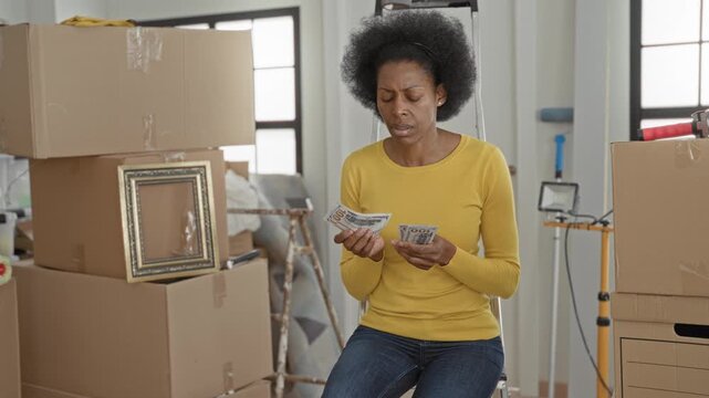 Woman counting cash and holding dollars among packed moving boxes and a ladder in a building; financial stress.