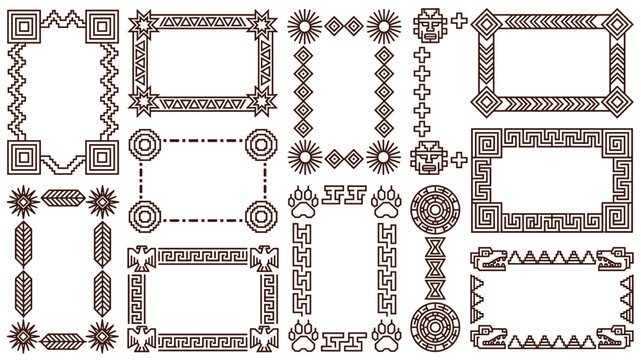 Set of Aztec Tribal Native American Frames Borders and Decorative Elements, Ethnic Geometric Vector Illustration