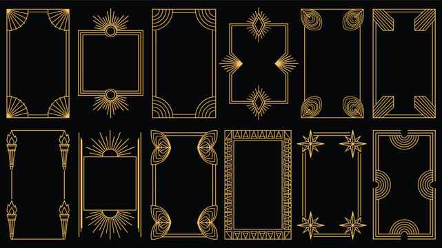 Set of Luxury Art Deco Golden Frames and Borders on Black Background, Mystic Celestial Vector Illustration