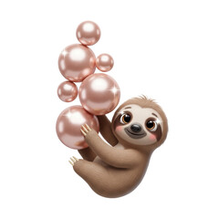 Fototapeta premium Adorable 3D sloth holding sparkling pink pearls