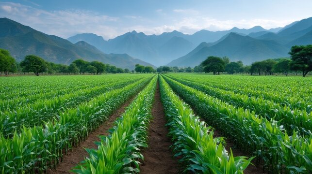 Expansive Green Field with Neatly Arranged Rows and Mountains in Background Beneath Clear Sky During Daylight