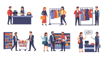 Obraz premium Shopping scenes: people buying clothes, groceries, and paying at checkout