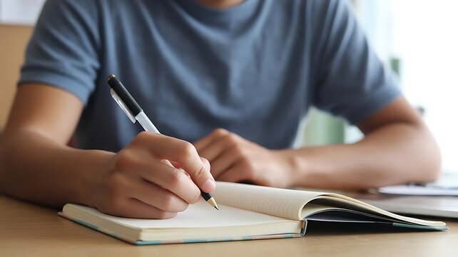 Young person writing in a notebook with a pen at a desk note taking note book