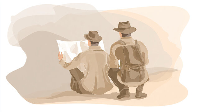 Two explorers studying a map in the wilderness