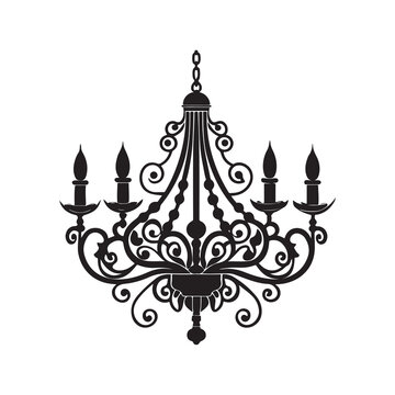 Elegant black chandelier with six candle holders and intricate metalwork isolated on white background