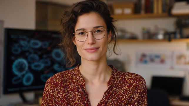 Science communicator records explainer video in home studio with antibiotic resistance diagram on screen behind her, ring light visible in glasses reflection, representing health science media, micr