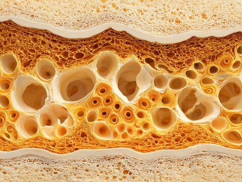 Human pancreatic tissue histology cross section illustration showing exocrine acinar lobules connective tissue stroma and glandular architecture in warm amber gold tones on white background