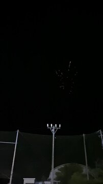 住宅地の夜空に炸裂するカラフルな花火