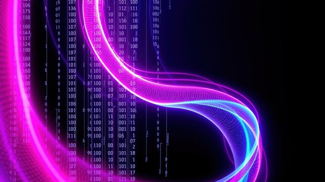 Digital rain effect. Binary code streams down dark background. Bright curves add dynamic visual element. Futuristic aesthetic.