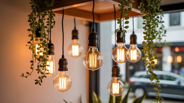 A collection of hanging light bulbs with green vines in an urban indoor setting
