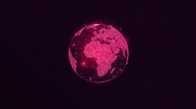 Pink globe illustration. Network lines connect continents, creating futuristic visual. Dark background emphasizes glowing sphere.