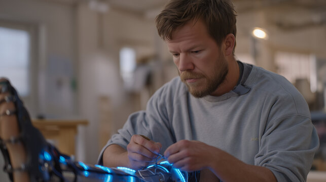 Bioengineer adjusting electrode connectors on a prosthetic leg with sensory feedback nodes in a university robotics lab, neon blue equipment glow, amputee mobility research, advanced limb technology
