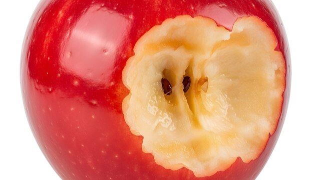 Close-up of a bitten red apple showing the core