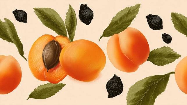 Bright apricots with leaves and pit on light background