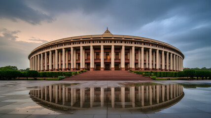 Fototapeta premium Indian Parliament House Wide Angle View with Reflection Under Overcast Sky