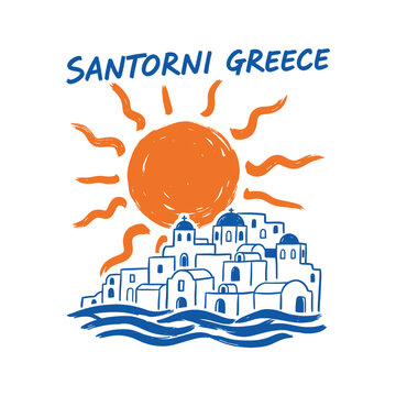 Santorini Greece, sunset illustration, Mediterranean travel, Aegean sea, coastal village, island vacation, tourist souvenir, graphic art