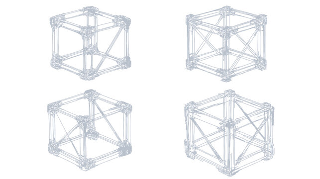 Four isometric views of abstract geometric cube structures. Gray color on a white background