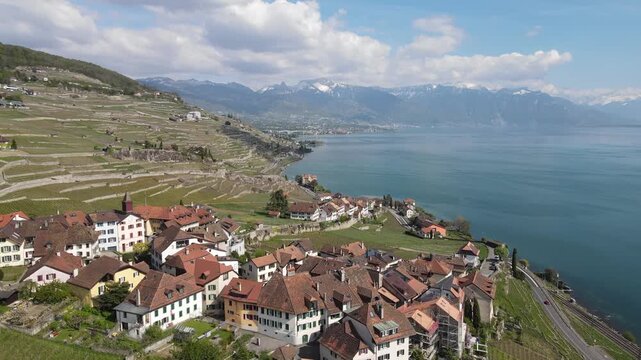 Lavaux Vineyards UNESCO Aerial View Over Lake Geneva Near Rivaz Switzerland