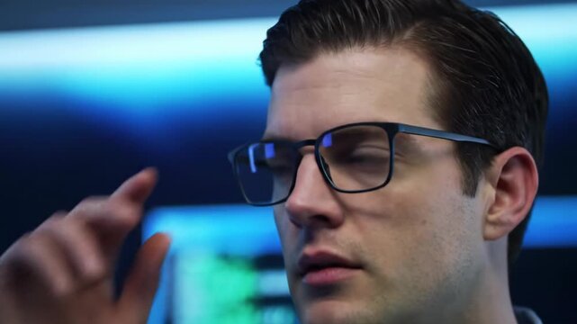 young caucasian man in blue shirt, id badge, adjusting glasses, focused on futuristic dark blue holographic screen with code. concept of data analysis and intellectual work