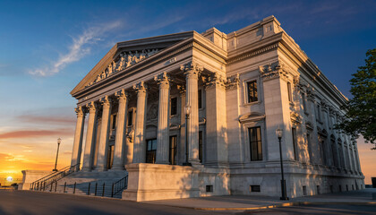 Fototapeta premium A grand neoclassical building with columns and intricate architectural details at sunset.
