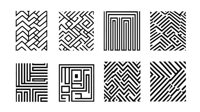 Eight unique square tiles featuring black abstract patterns composed of thick, angular lines