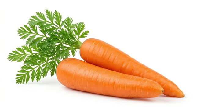 Two fresh orange carrots with vibrant green leafy tops on a white background