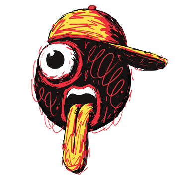 Minimalist logo of Filipino screaming cartoon face, one eye popping out, tongue shocked, wearing a backwards cap, bold comic style, blood red and shock yellow