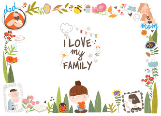 Fototapeta premium Floral Frame with Cute Little Girl thinking about Her Family