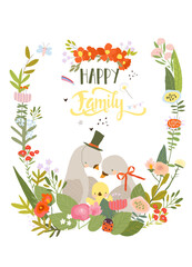 Obraz premium Cute Floral Frame Composed with Cartoon Pigeons Family