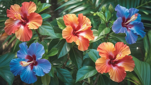 Pola bunga tropis yang semarak dengan bunga kembang sepatu berwarna biru dan oranye. 