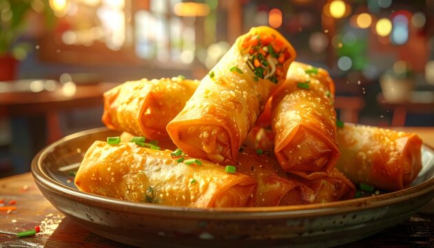 Crispy golden fried spring rolls piled high on a dark ceramic plate, showcasing delicious Asian cuisine.