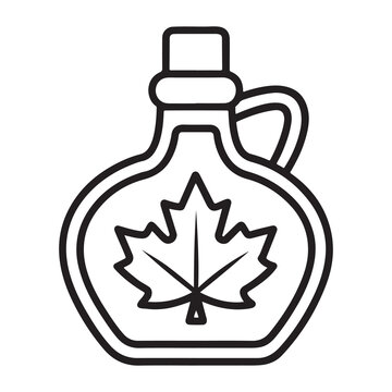 Line drawing of a jug with a maple leaf on the front  syrup container  illustration