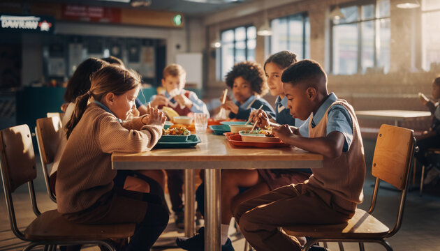 Children sitting at a school cafeteria table eating lunch together.