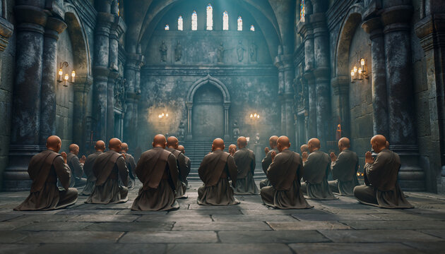 Monks kneeling in prayer inside a grand, ancient cathedral with high arches.