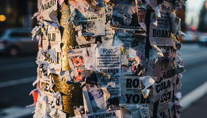 Fototapeta premium Close-up of a tree wrapped with torn newspaper pages.