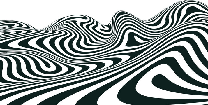 Abstract wavy pattern of black and white stripes creating a distorted optical illusion landscape with abstract art op art digital art abstract