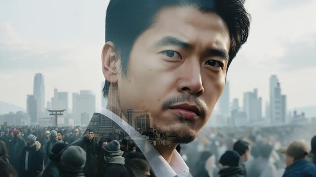 決意を宿した日本人男性の横顔と都市の群衆が示す未来