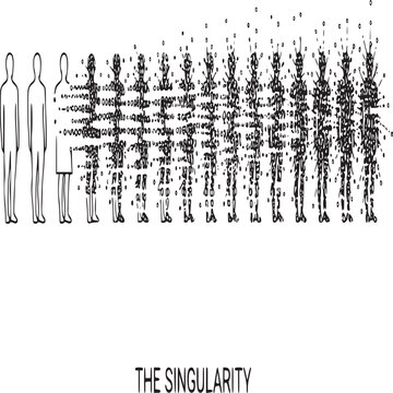 Technological singularity concept illustration, human evolution into digital data, artificial intelligence transformation of people in EPS format