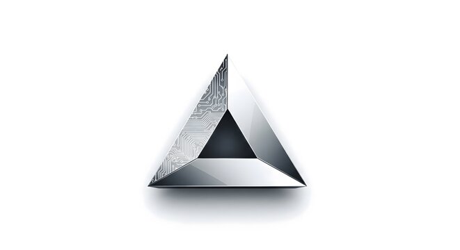 Silver triangular prism with circuit board pattern.