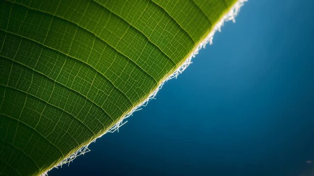 若葉を下から見上げ縁毛と葉脈の透けを極端接写で描く