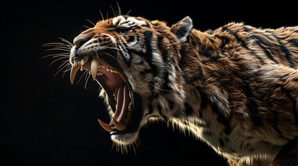 Obraz premium Tiger snarls with sharp teeth and powerful jaw muscles exposed under dramatic side lighting.