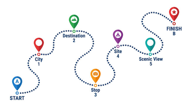 Winding road trip map infographic with colorful pins, travel route timeline with start and finish points, dotted path navigation vector illustration