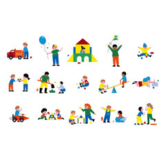 Fototapeta premium Professional education-themed mascot set for children's stationery and textile pattern design, featuring assorted decorative hobby symbols and playful cartoon characters in a clean.