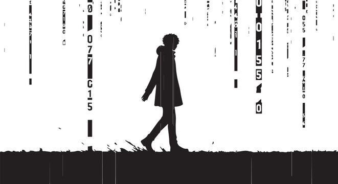 Matrix inspired silhouette, futuristic cityscape, hacker background, coding concept, digital rain