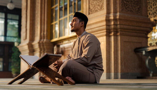 Man praying on a prayer mat inside a mosque with intricate architecture.