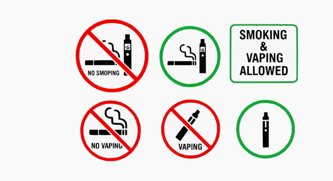 No Smoking and No Vaping Sign Set. Smoking and Vaping Allowed and Prohibited Icons. Vector Illustration.
