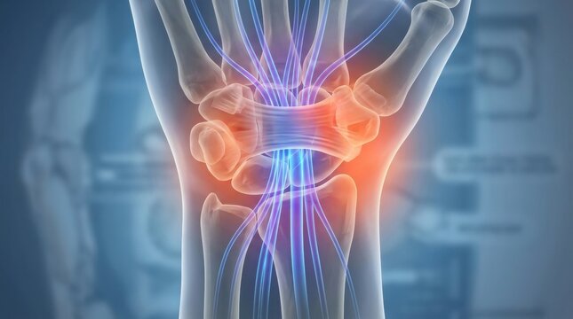 Close-up 3D illustration of wrist joint nerves and bones with inflammation