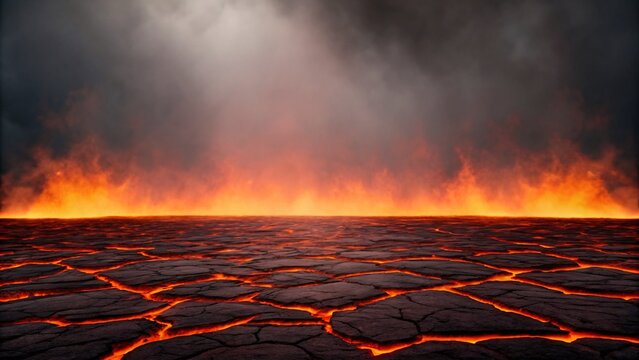 A blazing orange cracked volcanic land, inferno of hot flames and smoke , dangerous fire rages through the dark nature at night